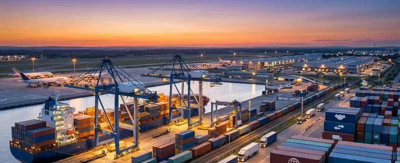 Terminal portuaire au crépuscule, chargement de conteneurs